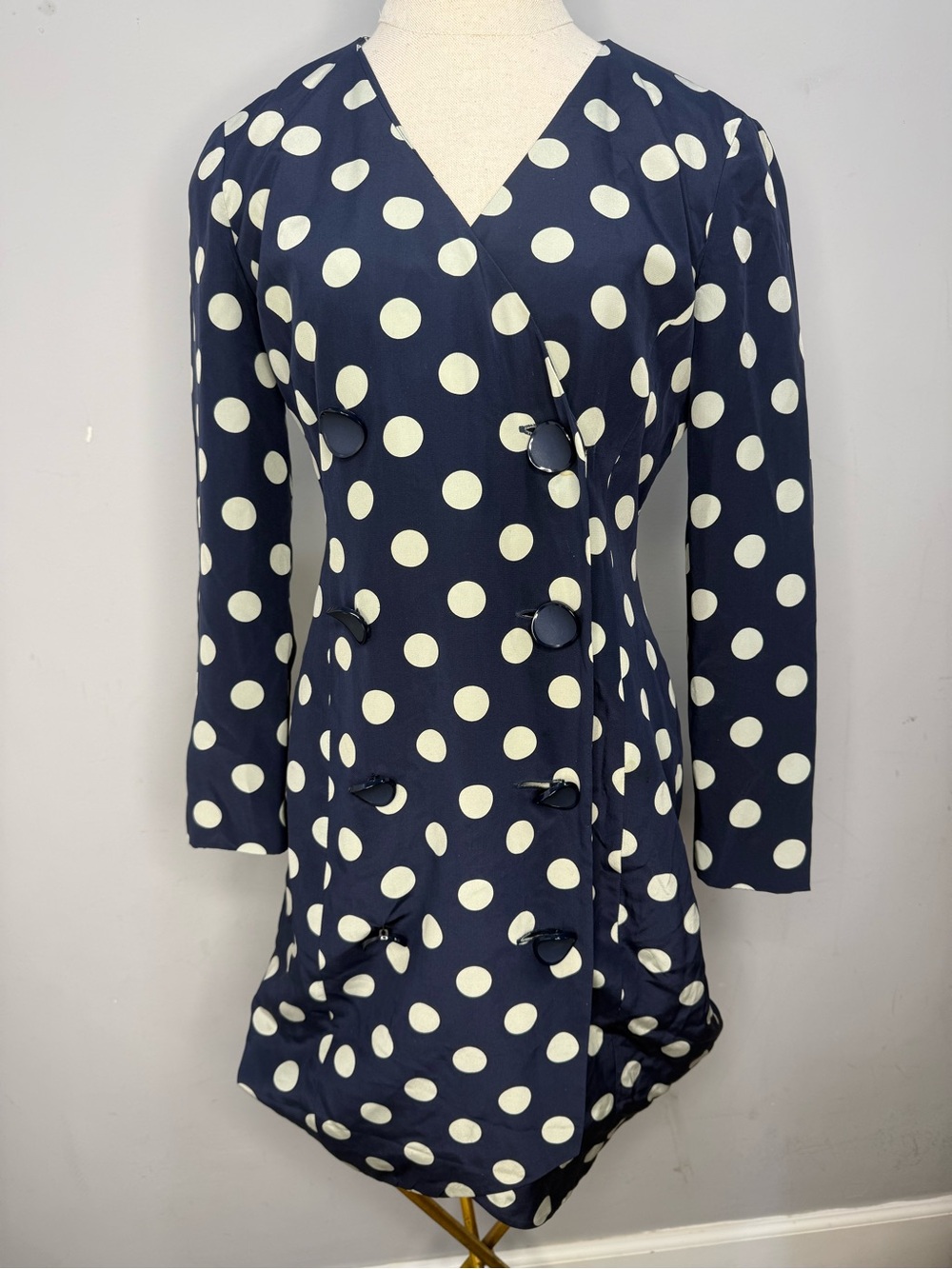Nipon Boutique Navy and Cream Polka Dot Long Sleeve Wrap Dress